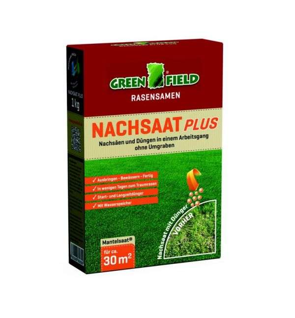 Rasen Greenfield Greenfield Nachsaat Plus - 1 kg Faltschachtel – Vorderansicht